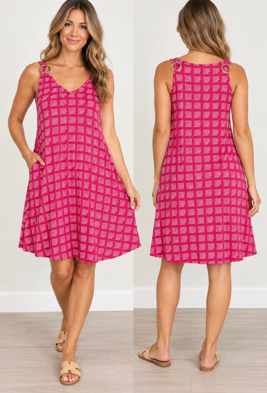 Lexington Avenue NYC Pink Geometric A-Line Dress Gold Ring Detail Small NWT